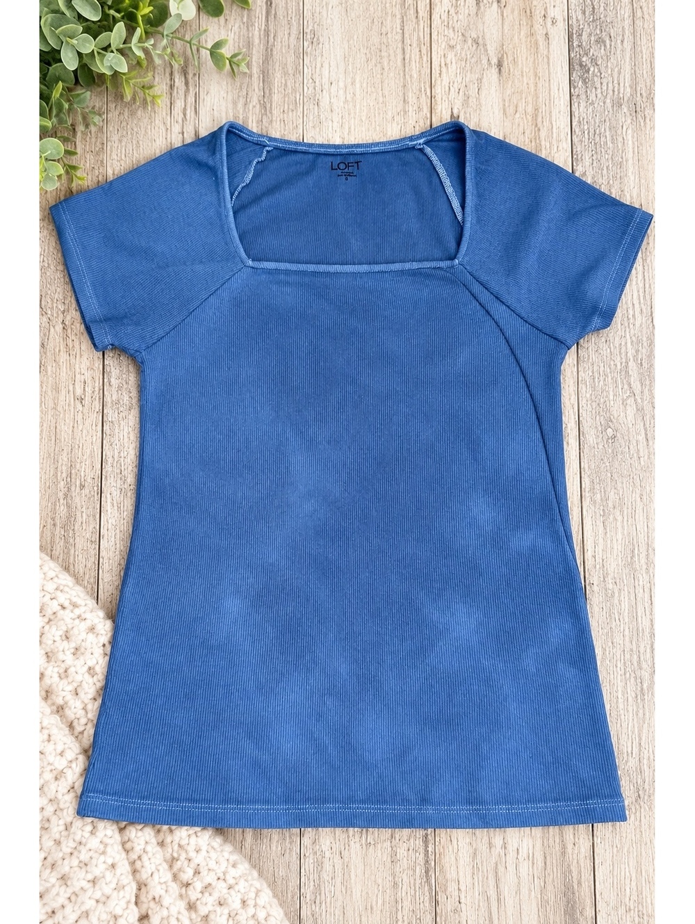 LOFT Women's Blue Ribbed Square Neck Short Sleeve Top Size Small Casual Basic